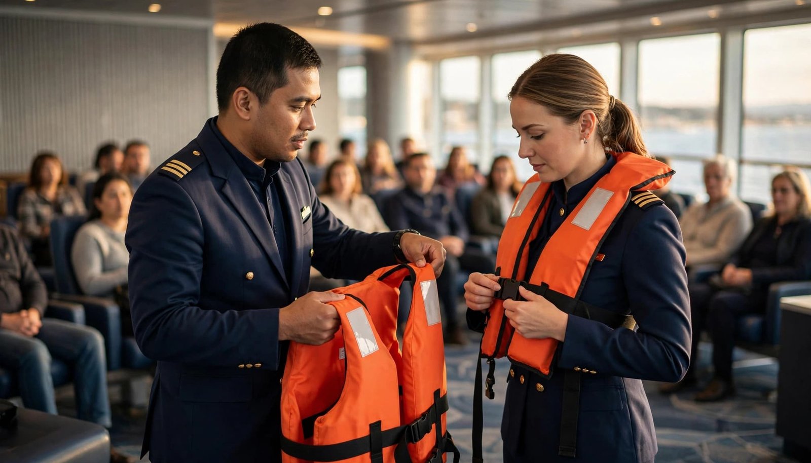 Two crew members demonstrate life jackets as passengers watch from their seats.