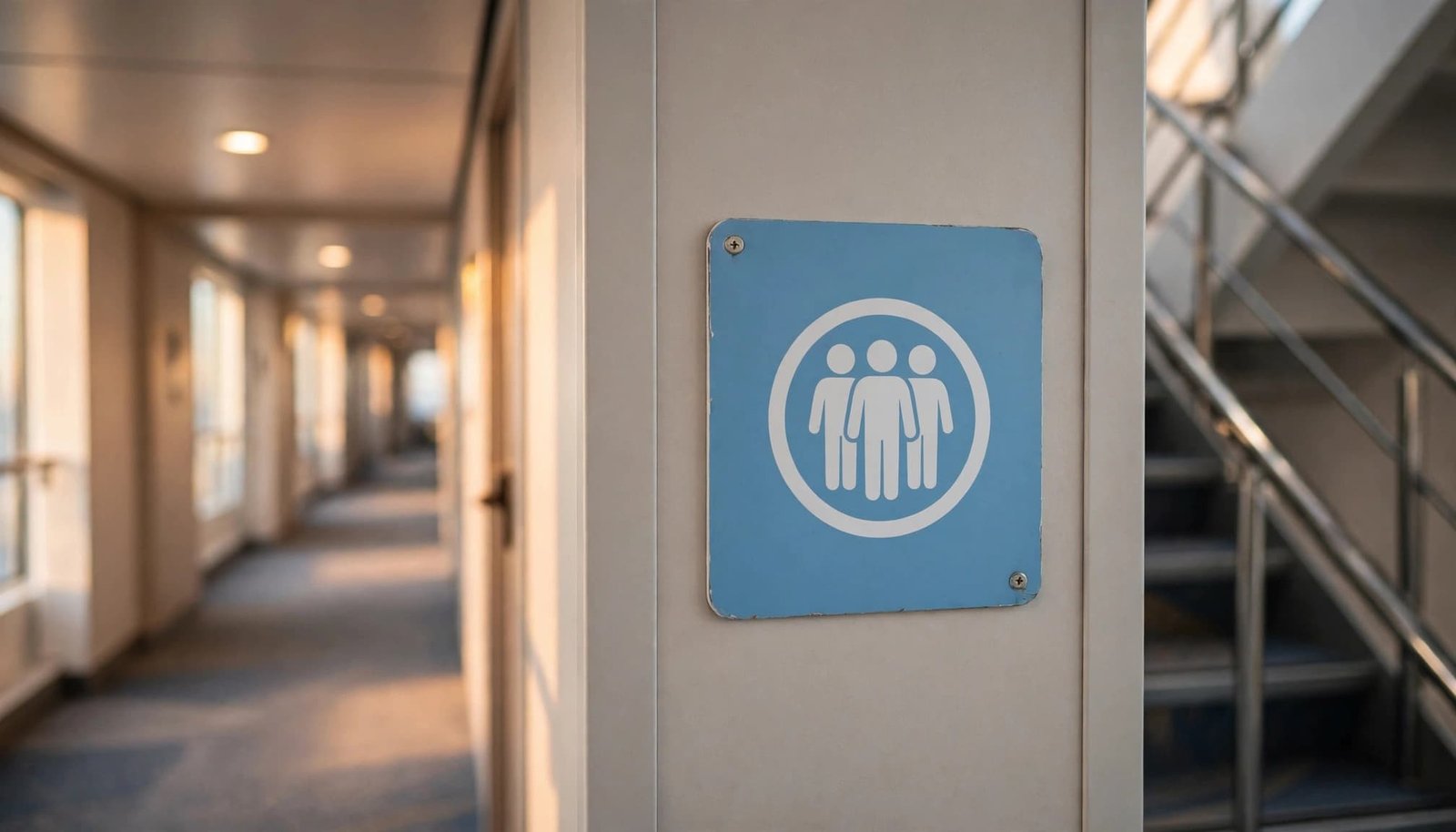 A safety placard hangs beside a stairwell in an empty cruise ship corridor.