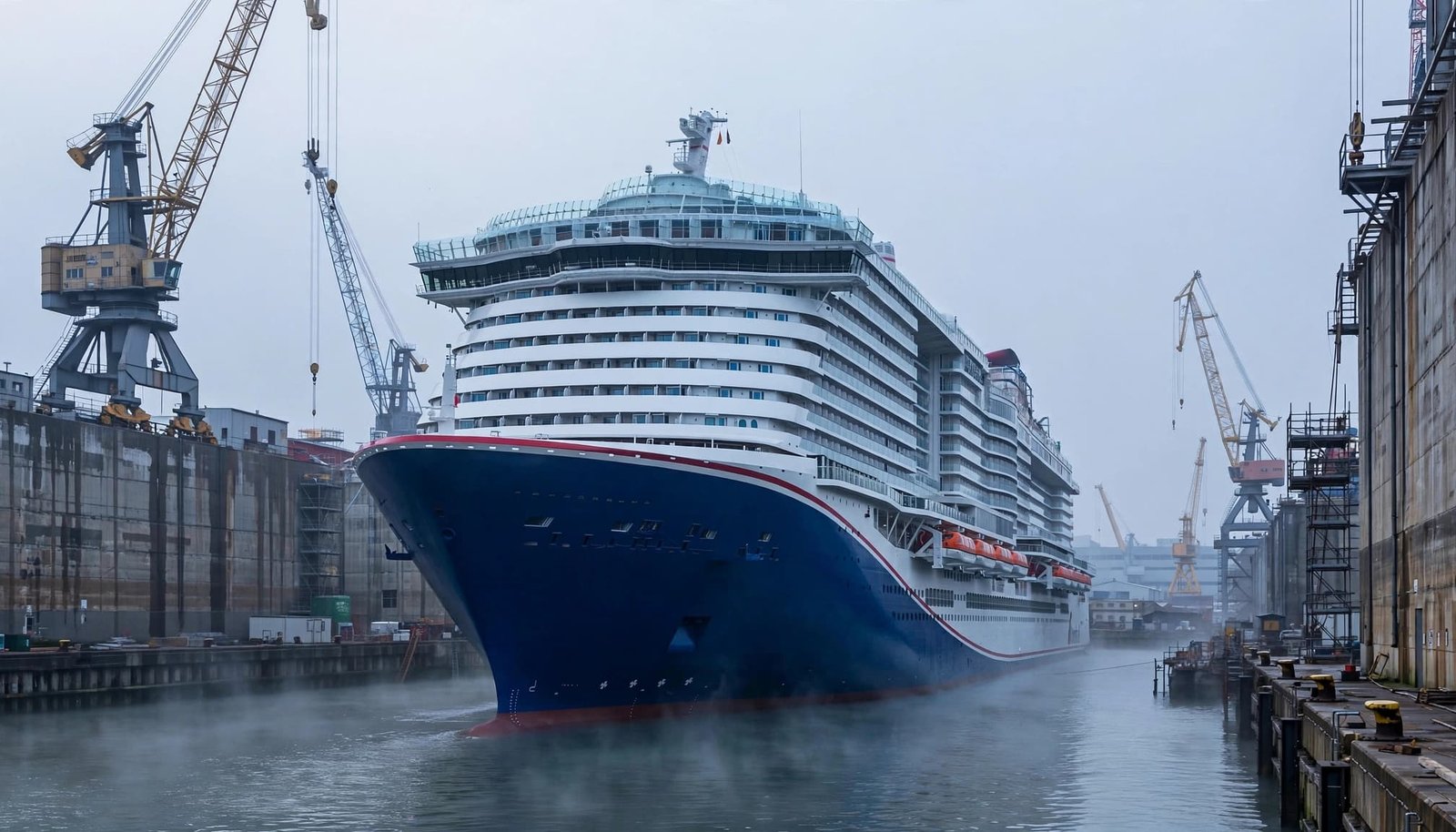 A large cruise ship floats in a concrete shipyard dry dock surrounded by industrial cranes.