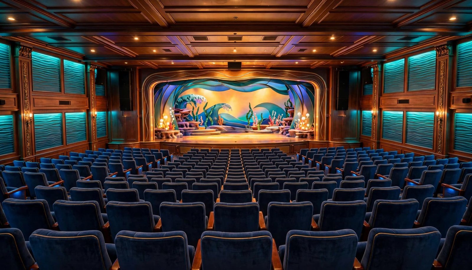 Empty theater seats face a stage lit in warm gold and ocean colors.