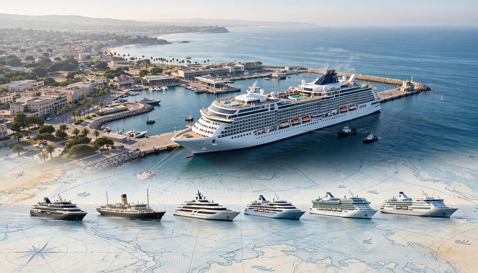 Six passenger ships appear across a maritime chart, with one docked at a sunny port.
