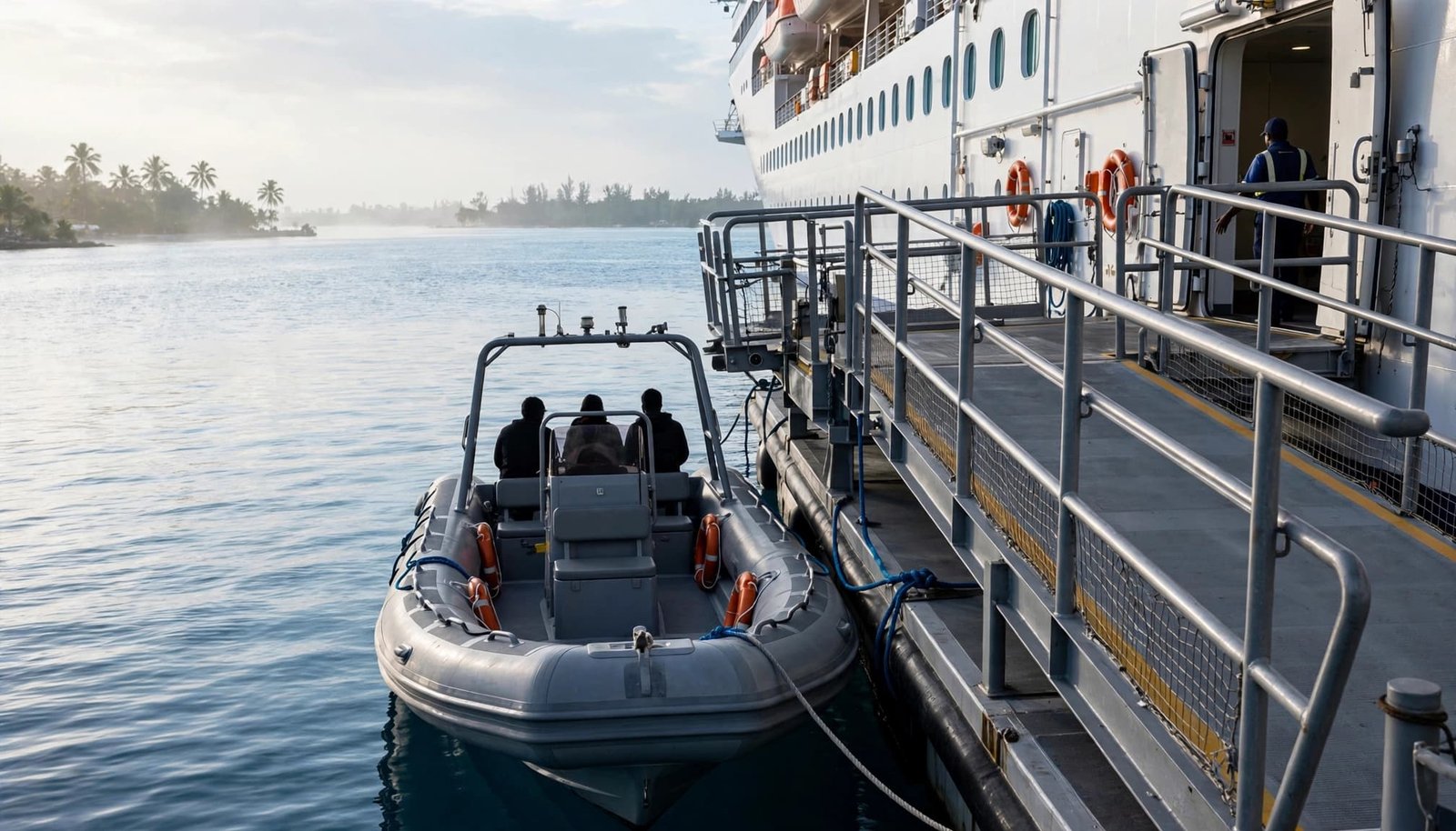 A tender waits beside a cruise ship platform with handrails as a crew member guides boarding.