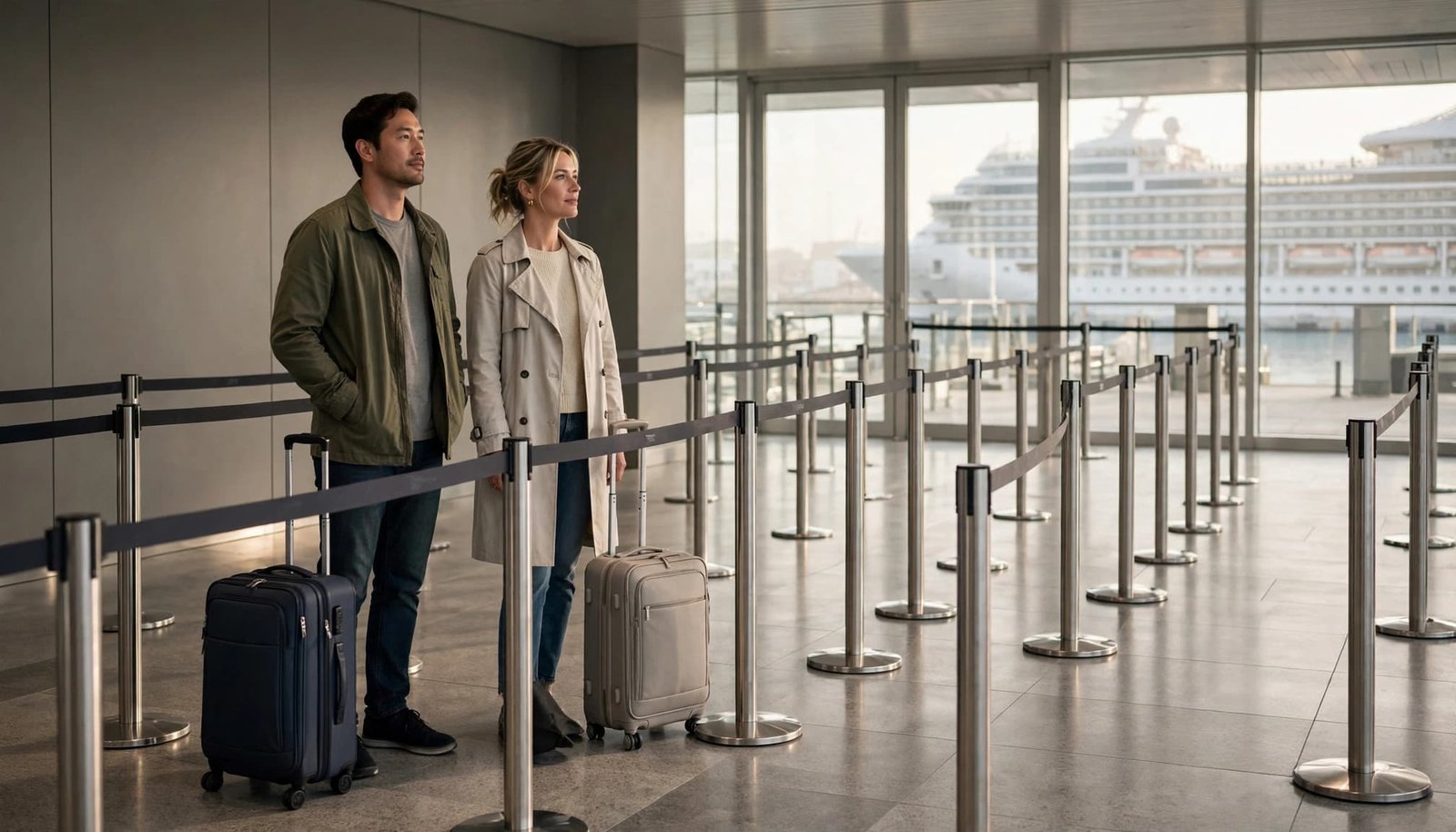 A man and woman stand in a cruise terminal queue with luggage, with a large cruise ship visible outside.