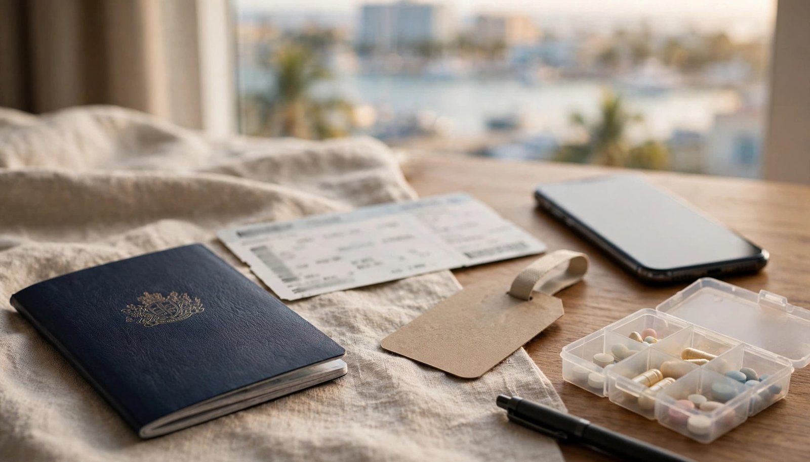 A passport, boarding pass, phone, luggage tag, and medication organizer arranged on a hotel desk.