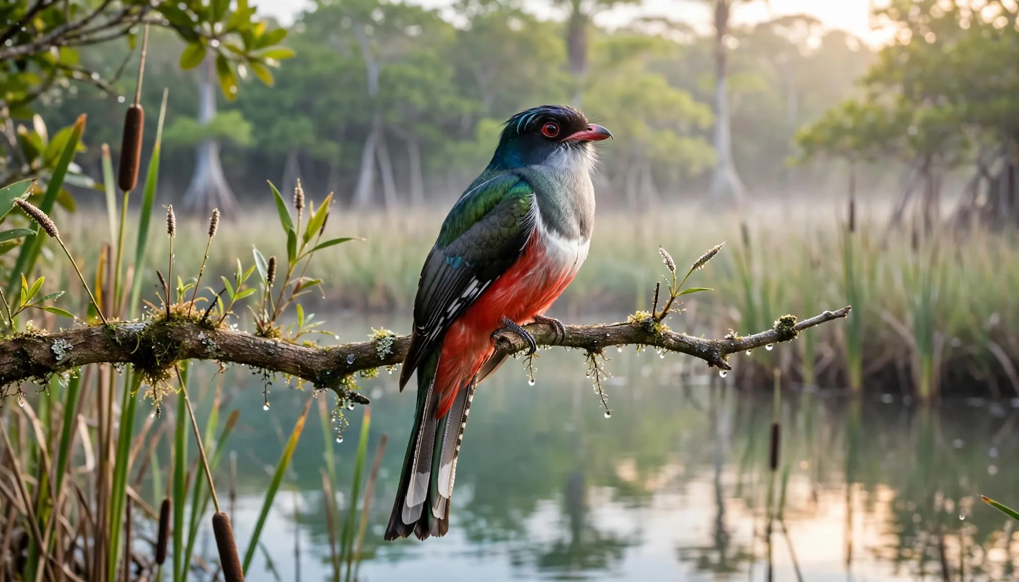 A Cuban trogon perched on a branch above a marsh.