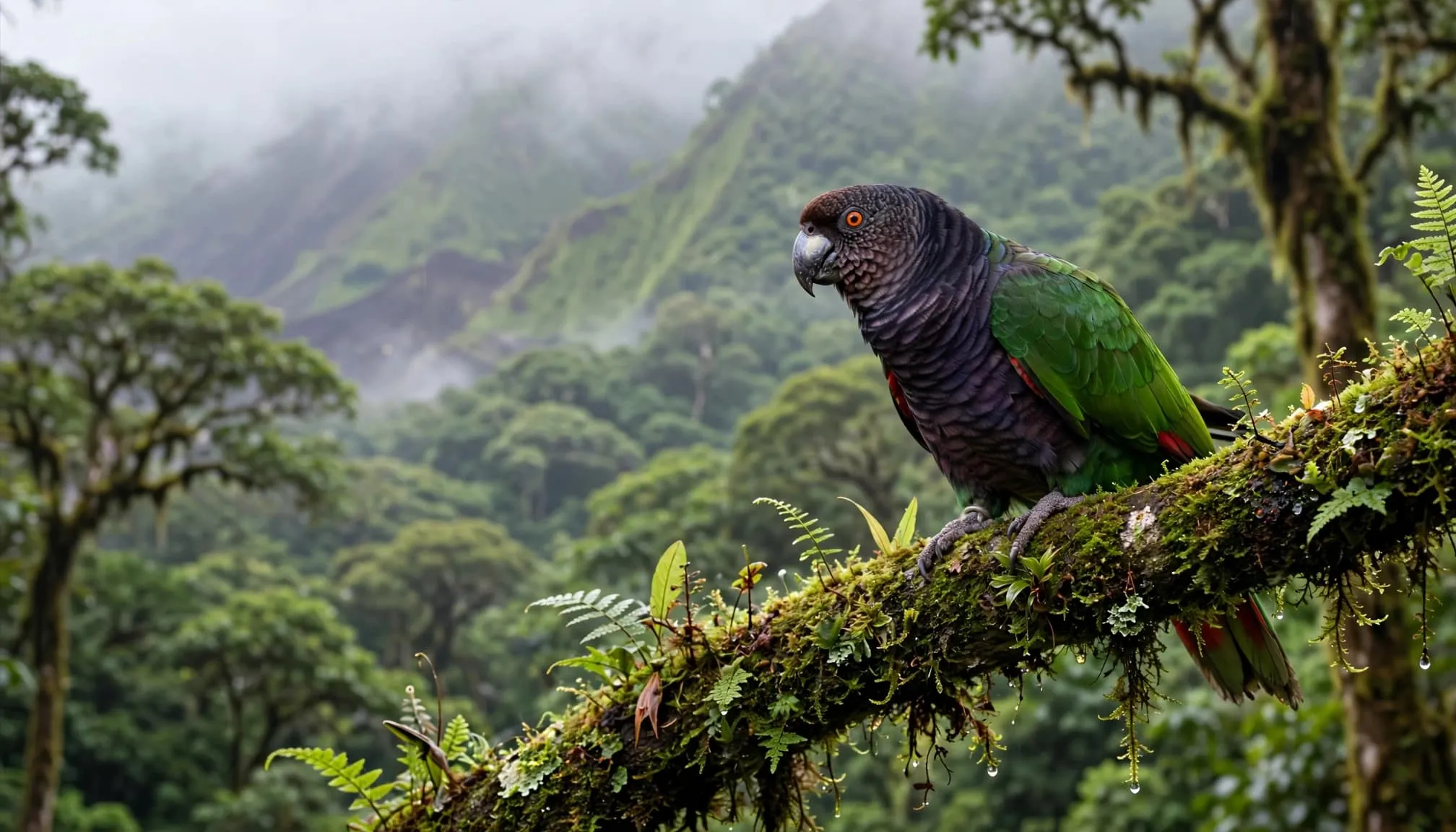 A green-and-red parrot perched on a mossy branch in a misty rainforest.
