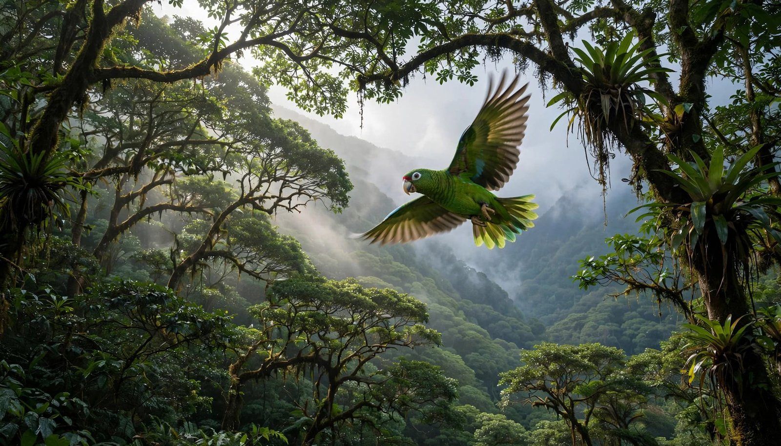 A Puerto Rican parrot flies over a misty rainforest canopy.