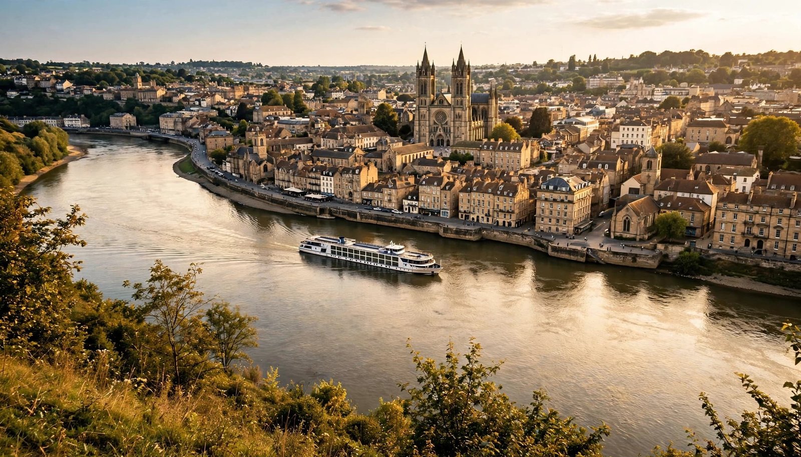 A river cruise ship passes cathedral towers and stone buildings along a sunny waterfront.