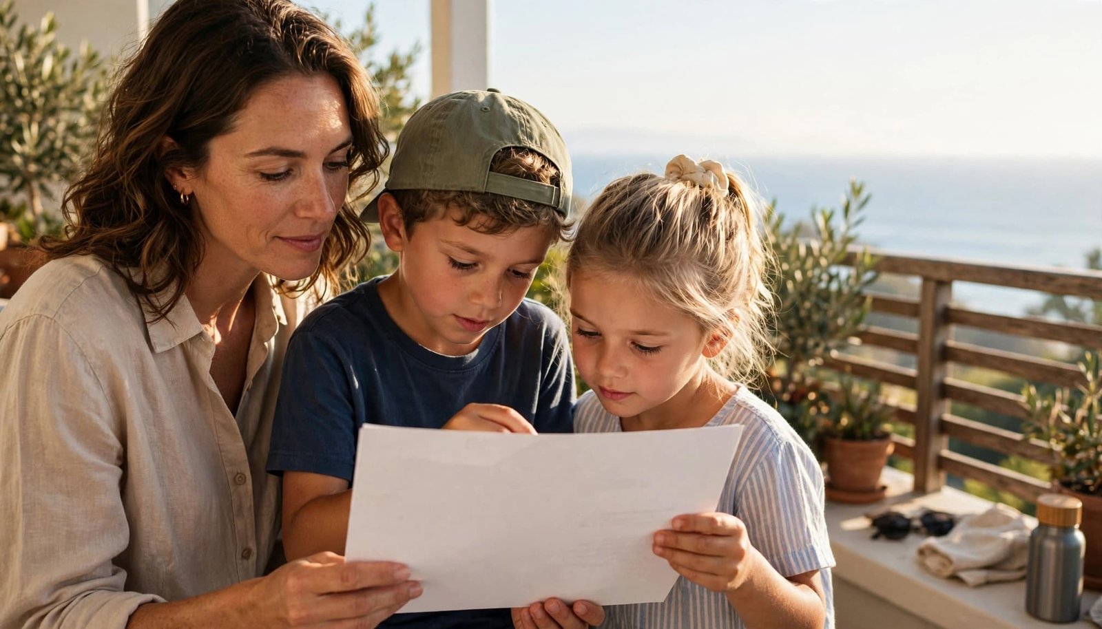 An adult and two children review a printed itinerary beside the ocean.