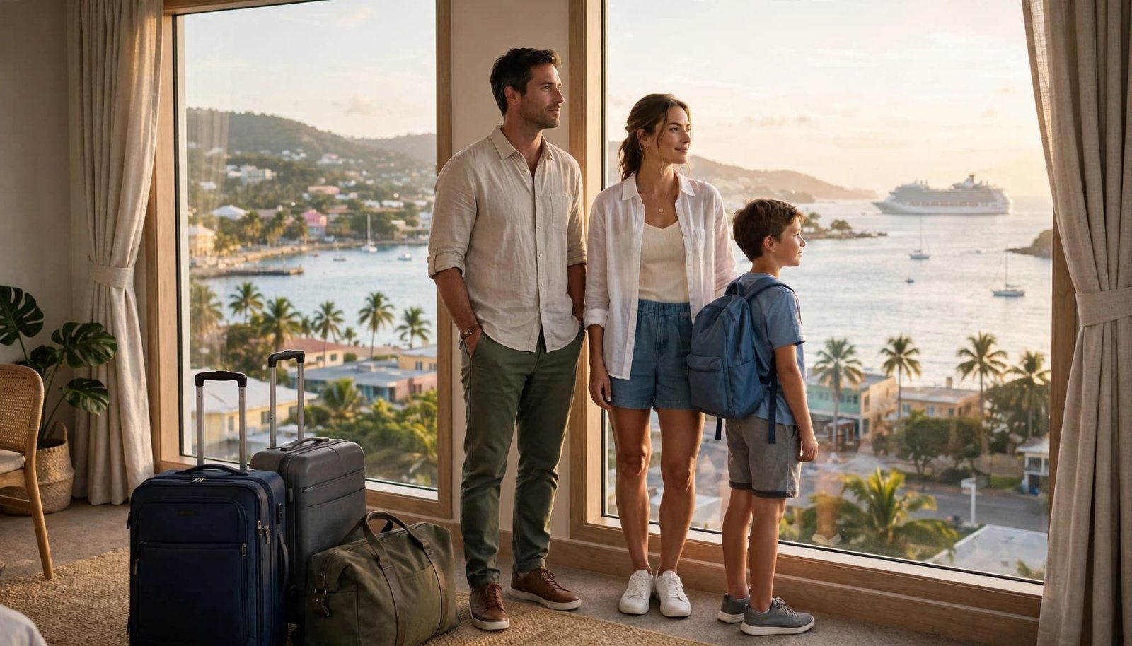 A family with luggage looks out at a cruise ship across the harbor.