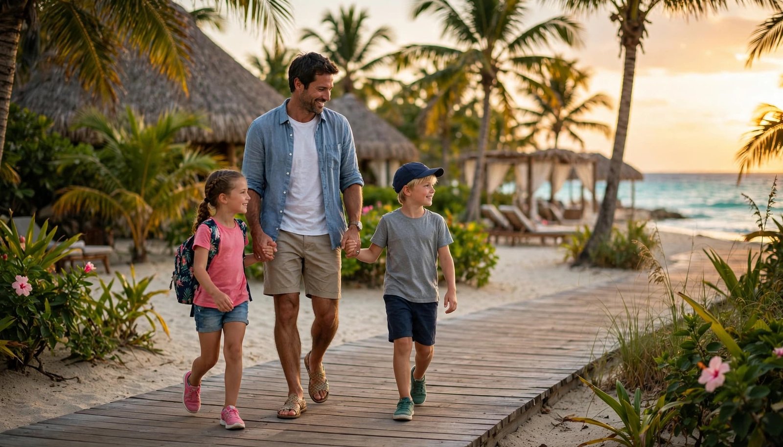 A parent and two children stroll along a boardwalk beside a tropical beach.