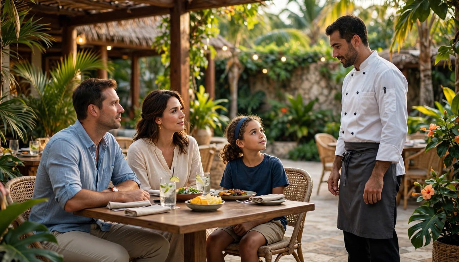 A family dining at an outdoor tropical restaurant while a chef stands nearby.