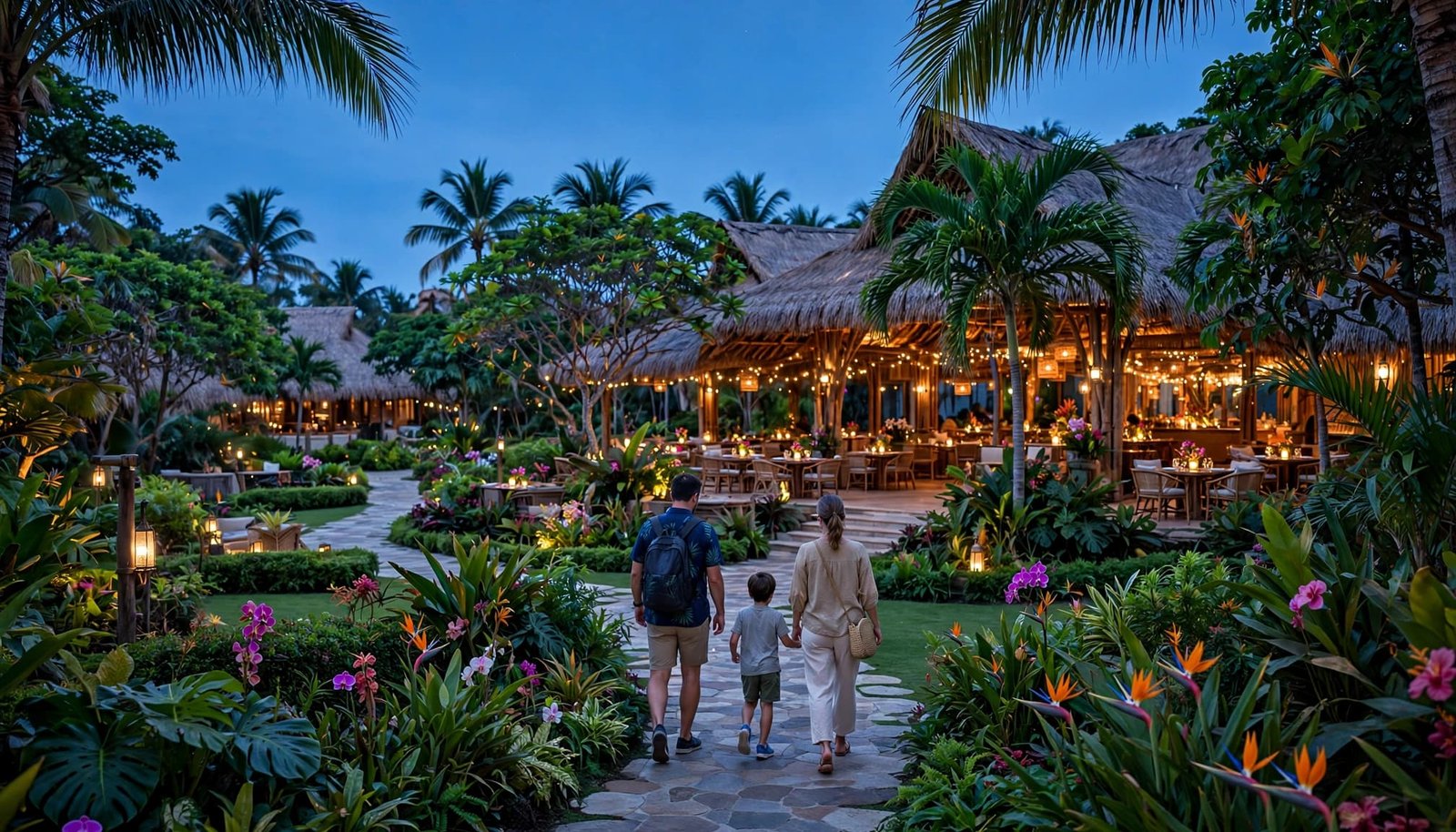 A family of three walks along a tropical stone path toward an illuminated open-air resort at dusk.