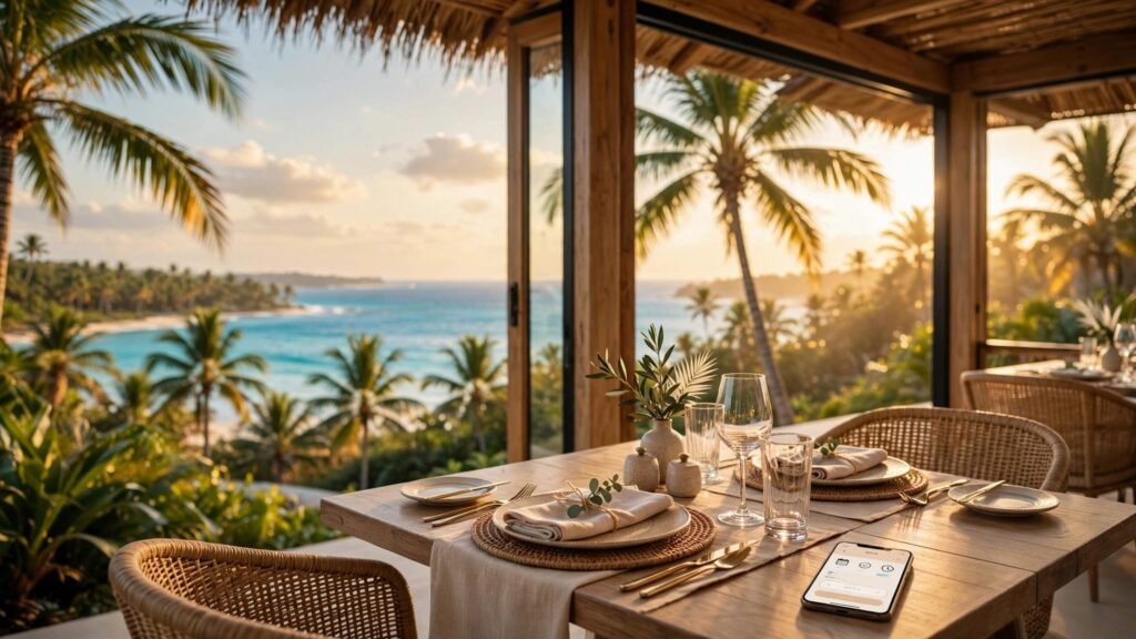 A reserved table for two overlooks palm trees and turquoise water.