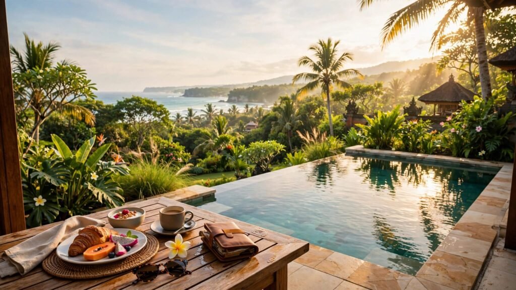 A villa pool overlooks tropical gardens, with breakfast and a travel wallet on a teak table.