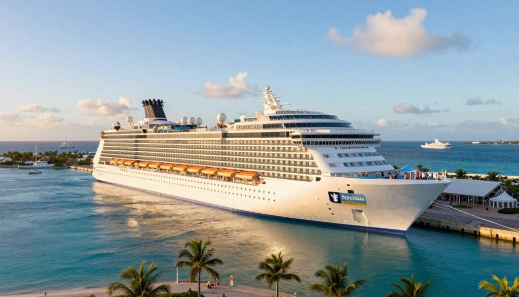 A white cruise ship docked beside palm trees in a turquoise Caribbean harbor.