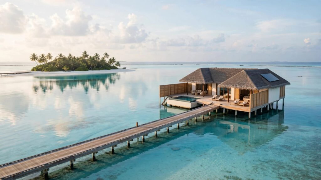 A villa on stilts overlooks a turquoise lagoon and palm-lined island.