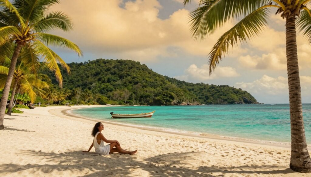 An empty Tobago beach with turquoise water, palms, a fishing boat, and green hills.