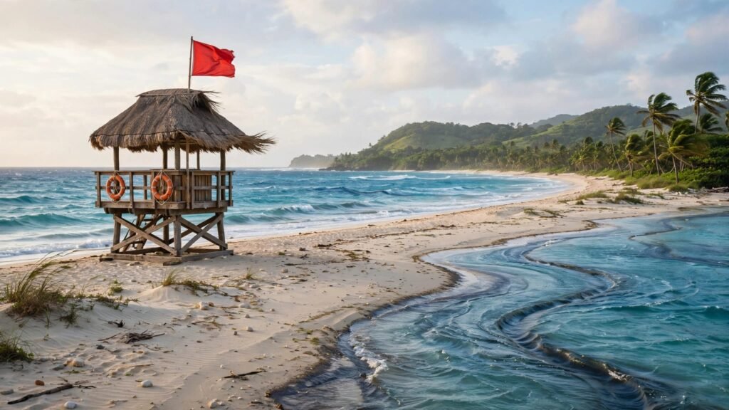 A red flag warns of strong currents beside an empty Caribbean beach.