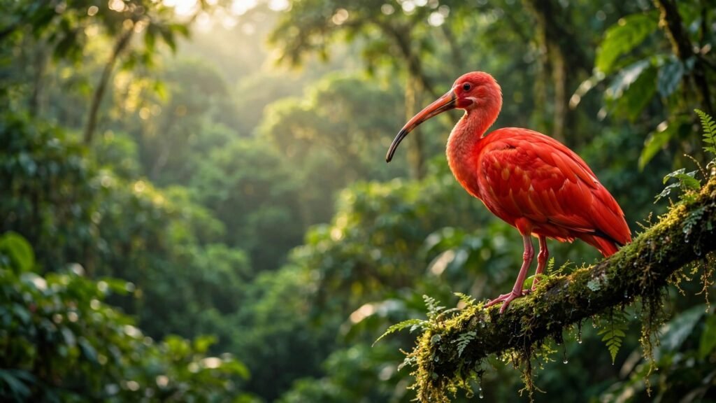A scarlet ibis perched on a mossy branch amid dense green rainforest foliage.