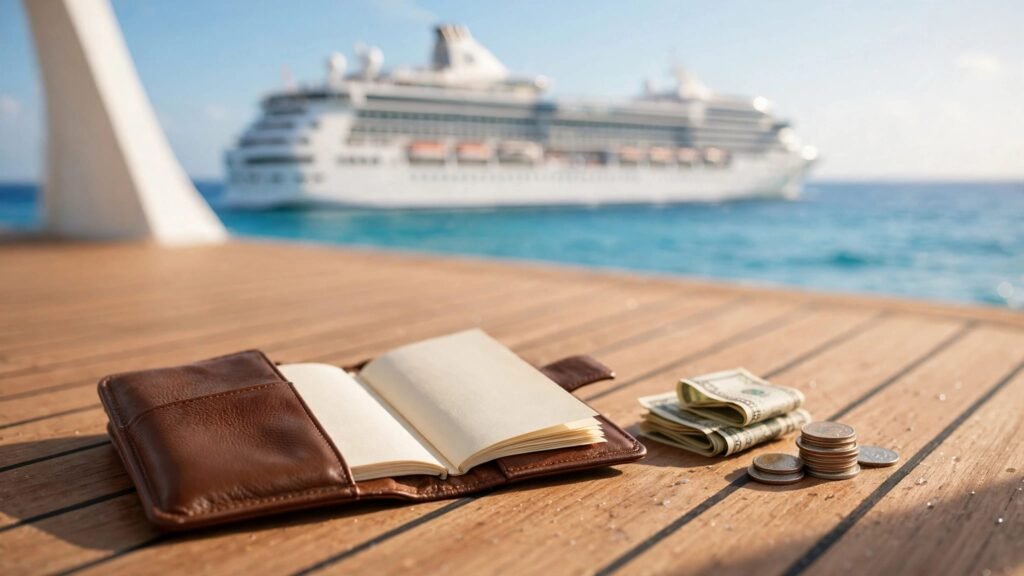 A folio, cash, and coins on a teak deck with a cruise ship and blue water behind them.