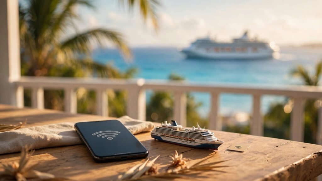 A phone, cruise ship model, and eSIM card sit on a balcony overlooking the sea.