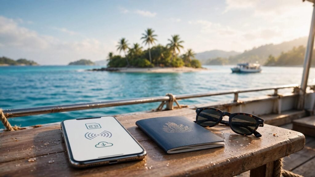 A smartphone, passport, and sunglasses sit on a ferry table overlooking a tropical island.