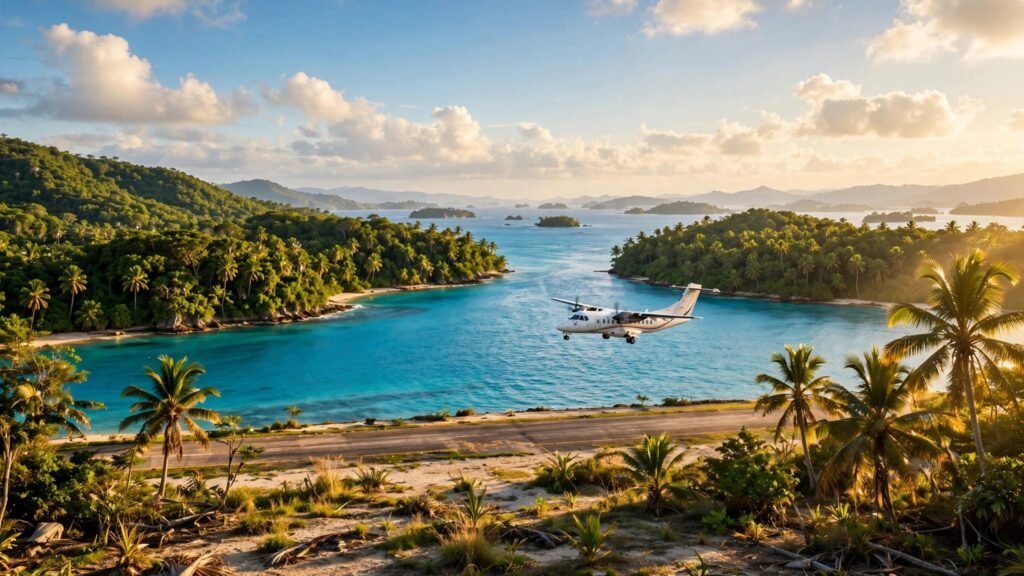 A small plane flies over turquoise water between lush islands.