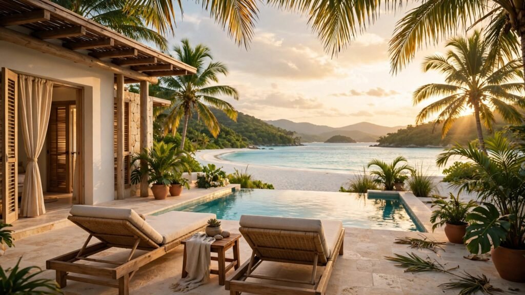 A villa terrace with a plunge pool and loungers overlooking a palm-framed beach.