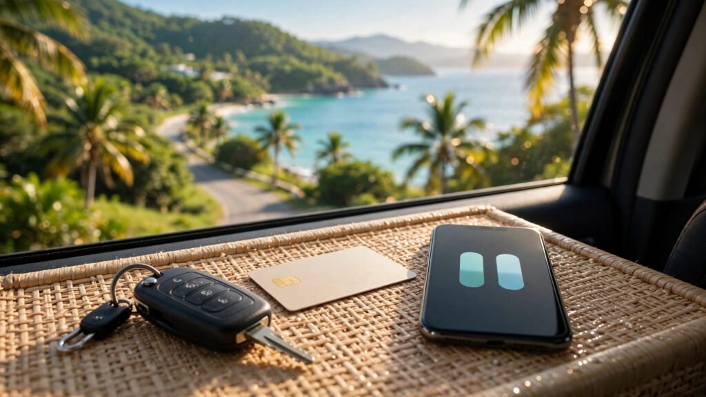 A car key, payment card, and smartphone sit by a window overlooking the coast.