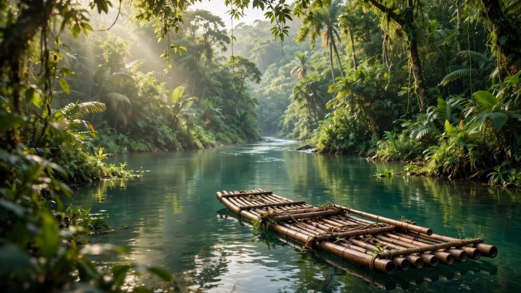 A bamboo raft drifts along a green river beneath a tropical rainforest canopy.