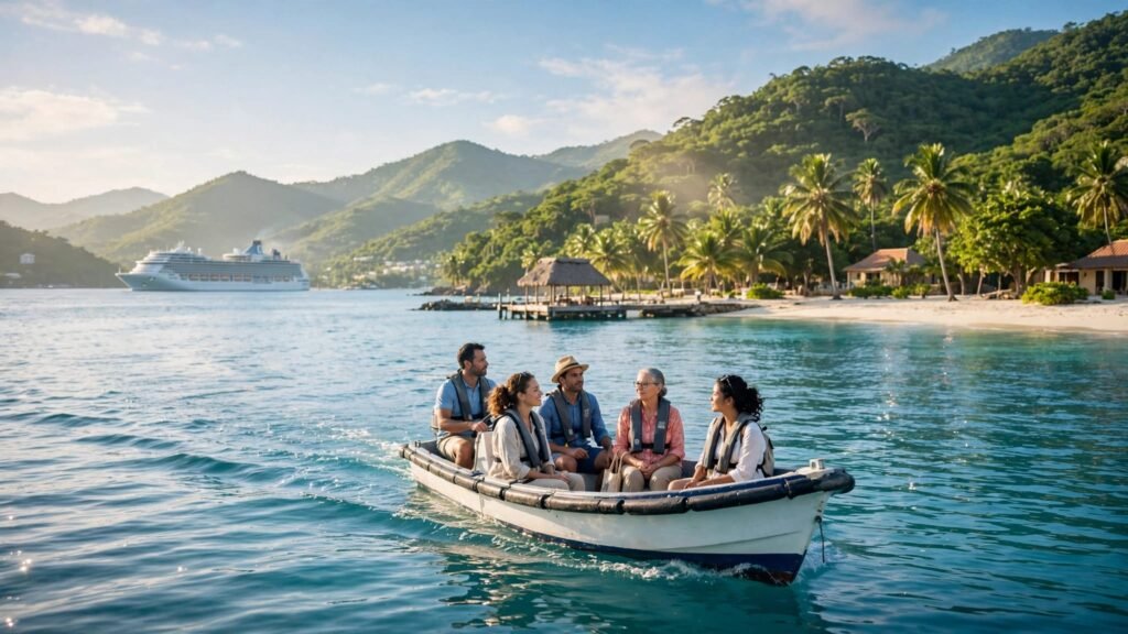 A tender boat carries passengers toward a tropical harbor, with a cruise ship anchored offshore.