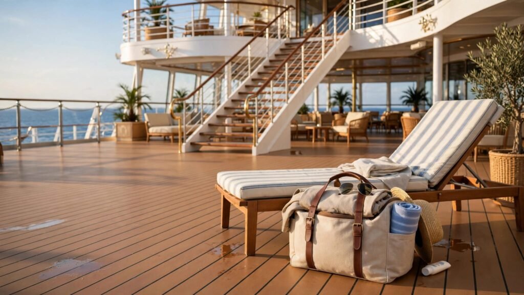A packed day bag sits beside a lounge chair on a sunny cruise ship deck.