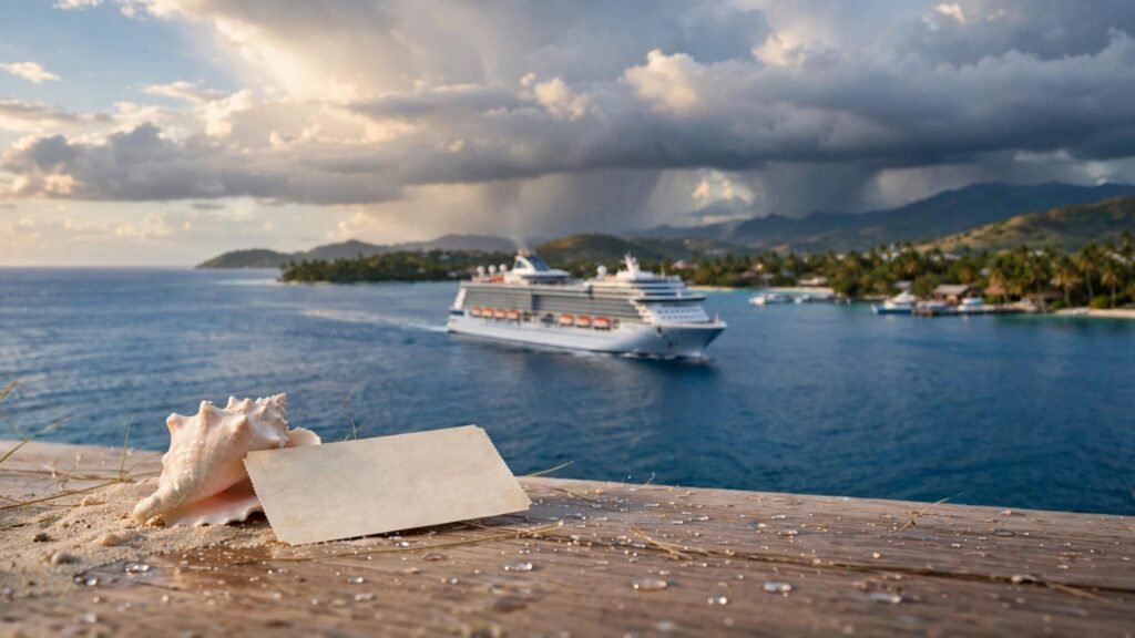 A cruise ship sails near a tropical island beneath distant storm clouds, with a ticket and seashell in the foreground.