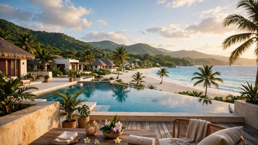 A resort infinity pool overlooks a sandy Jamaican beach and turquoise sea.
