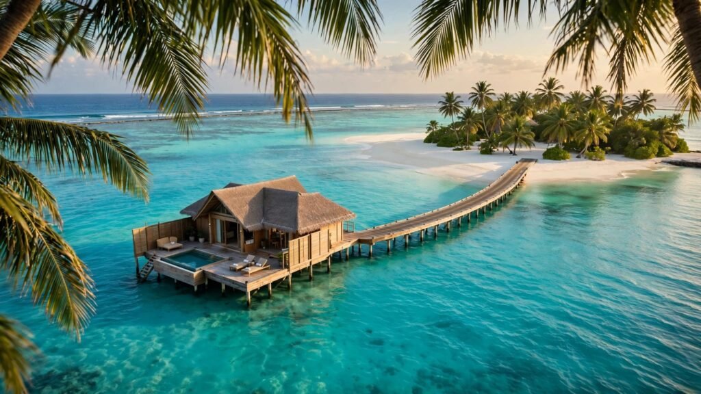 An overwater villa and wooden jetty beside a turquoise lagoon and palm-lined island.