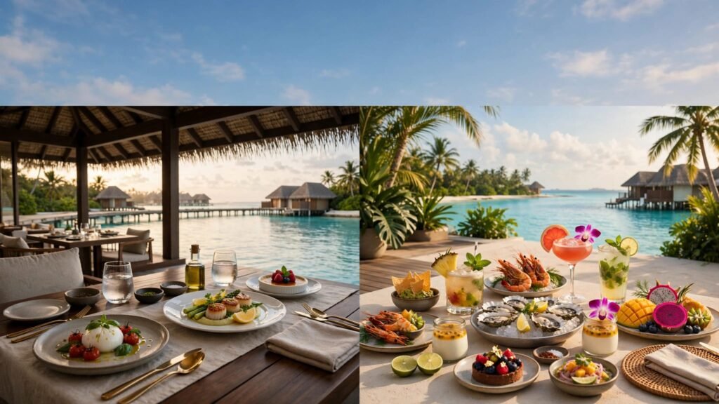 A lagoon-side restaurant and a terrace display contrasting resort meals.