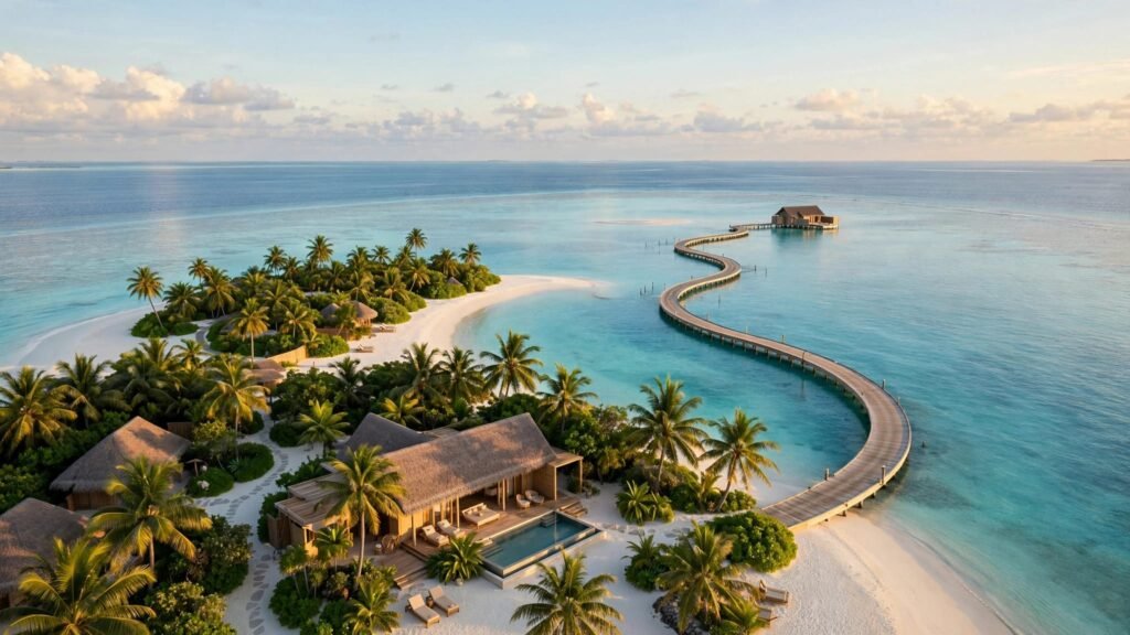 A palm-lined Maldives resort with a wooden jetty reaching into a turquoise lagoon.