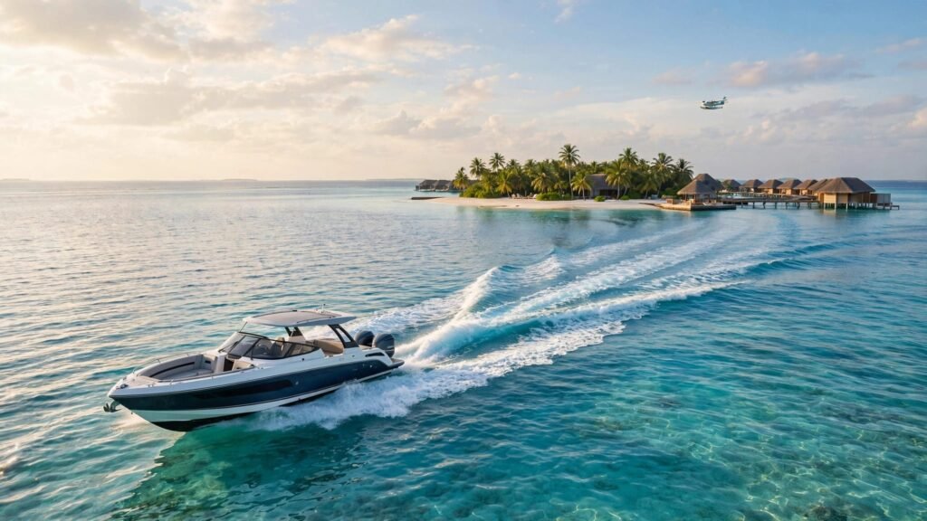 A speedboat heads toward a palm-covered island, with a seaplane in the sky.