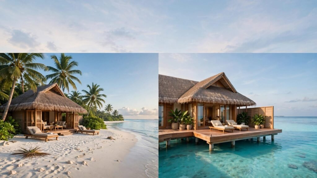 A beach villa and an overwater villa face the turquoise sea.