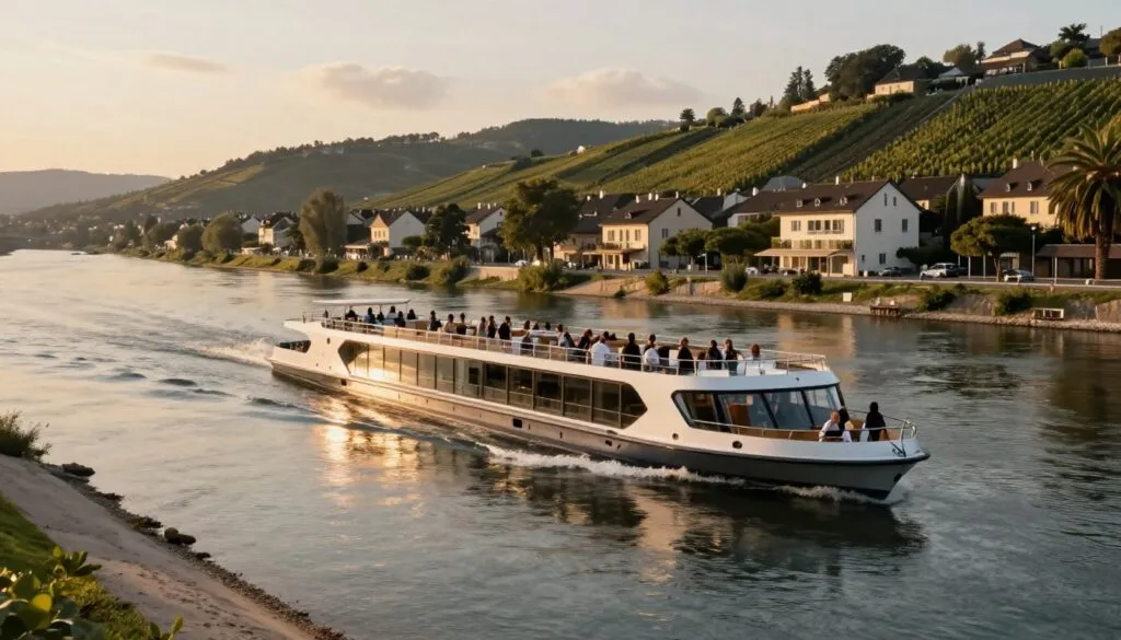 A modern cruise ship passes a riverside town and green hills at sunset.