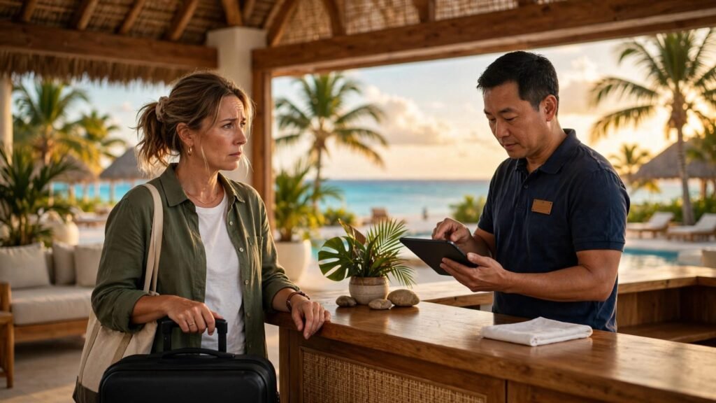 A woman with a suitcase speaks with a resort manager near a tablet.