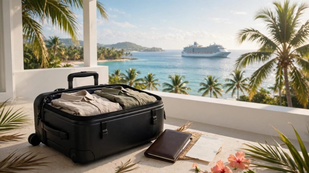 A packed suitcase, passport, and boarding pass overlook a cruise ship at sea.