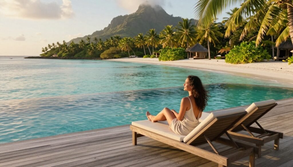 An empty lounge chair and infinity pool overlook a calm turquoise lagoon.