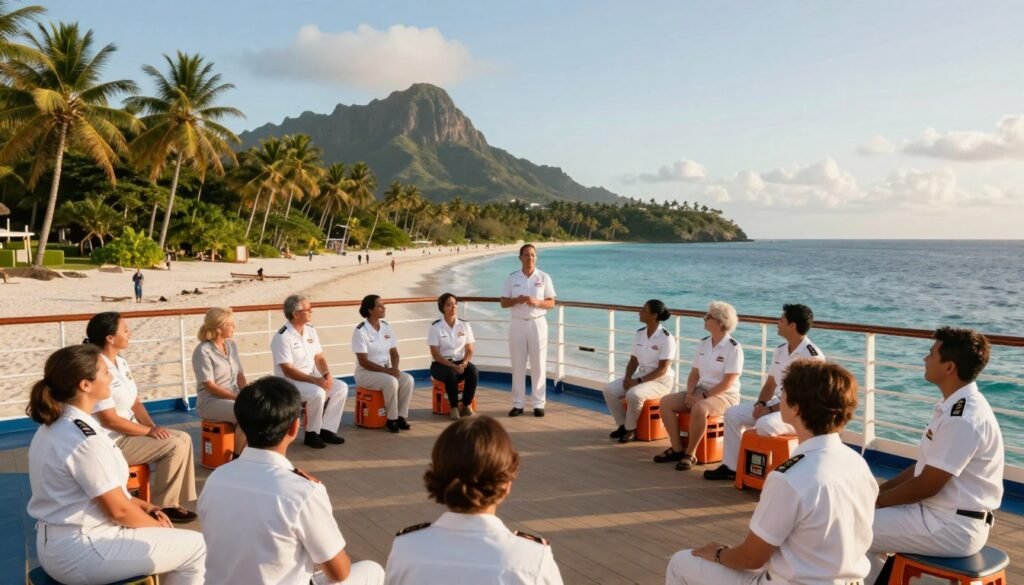 Passengers listen to crew members during a safety briefing on an open cruise ship deck.