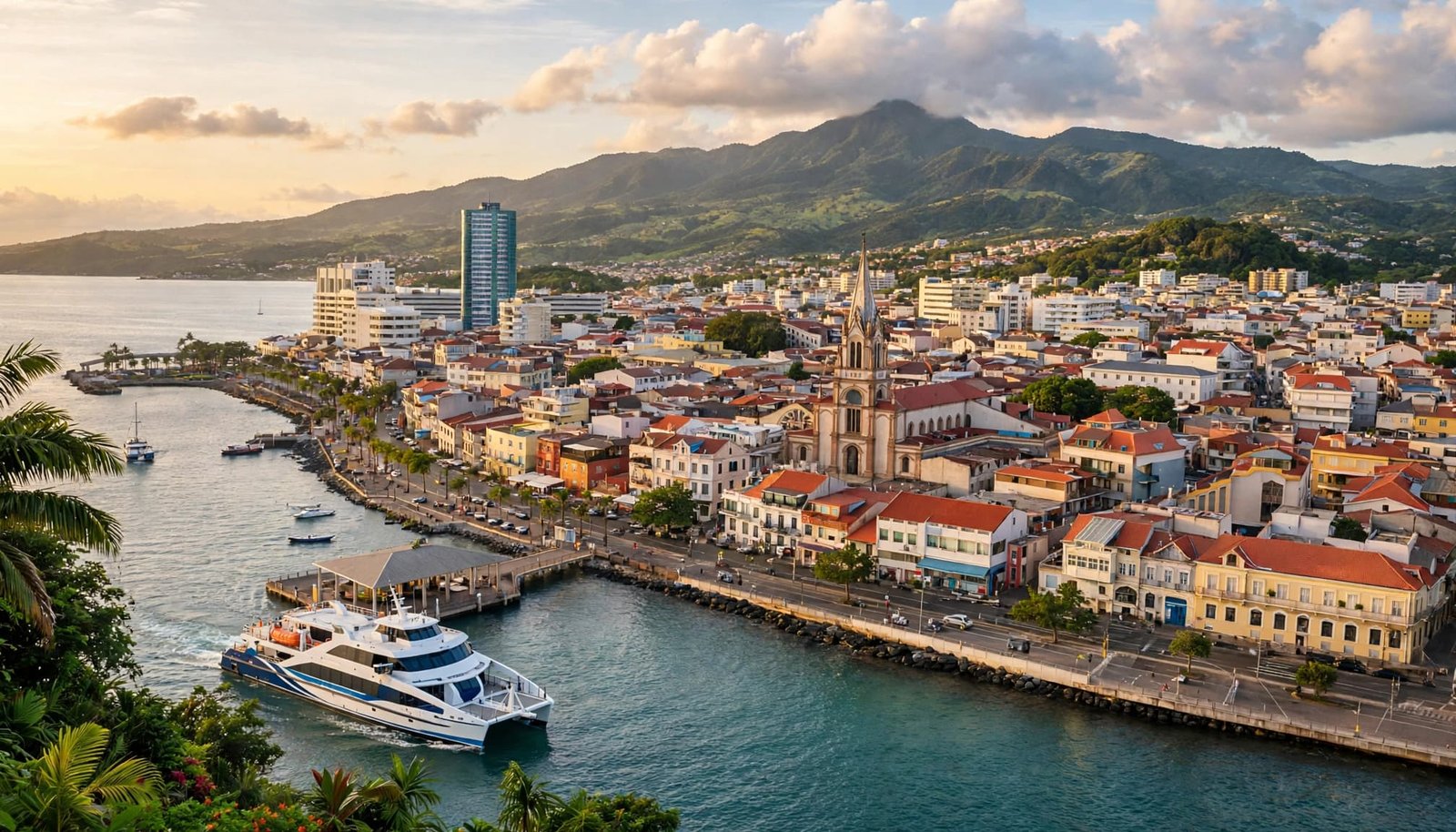 An aerial view of a passenger ferry approaching a harbor city with colorful buildings and a mountain background.