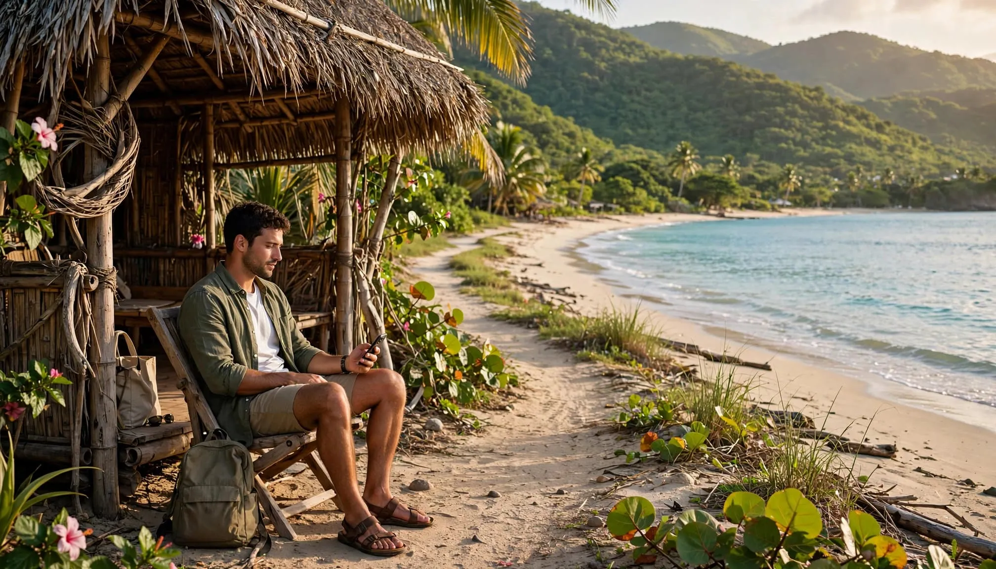 A traveler sits by a beach hut with turquoise water and a hillside behind them.