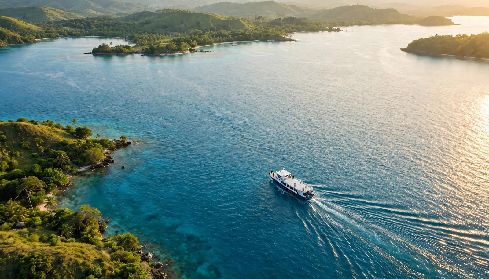 Aerial view of a passenger ferry crossing blue-green water near lush green islands.