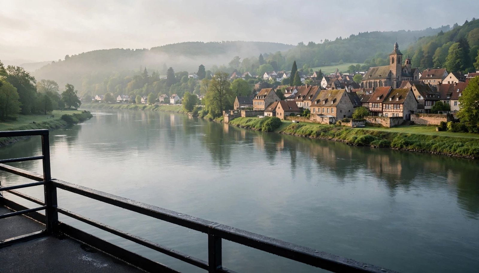 A riverboat approaches an old riverside town between green banks.