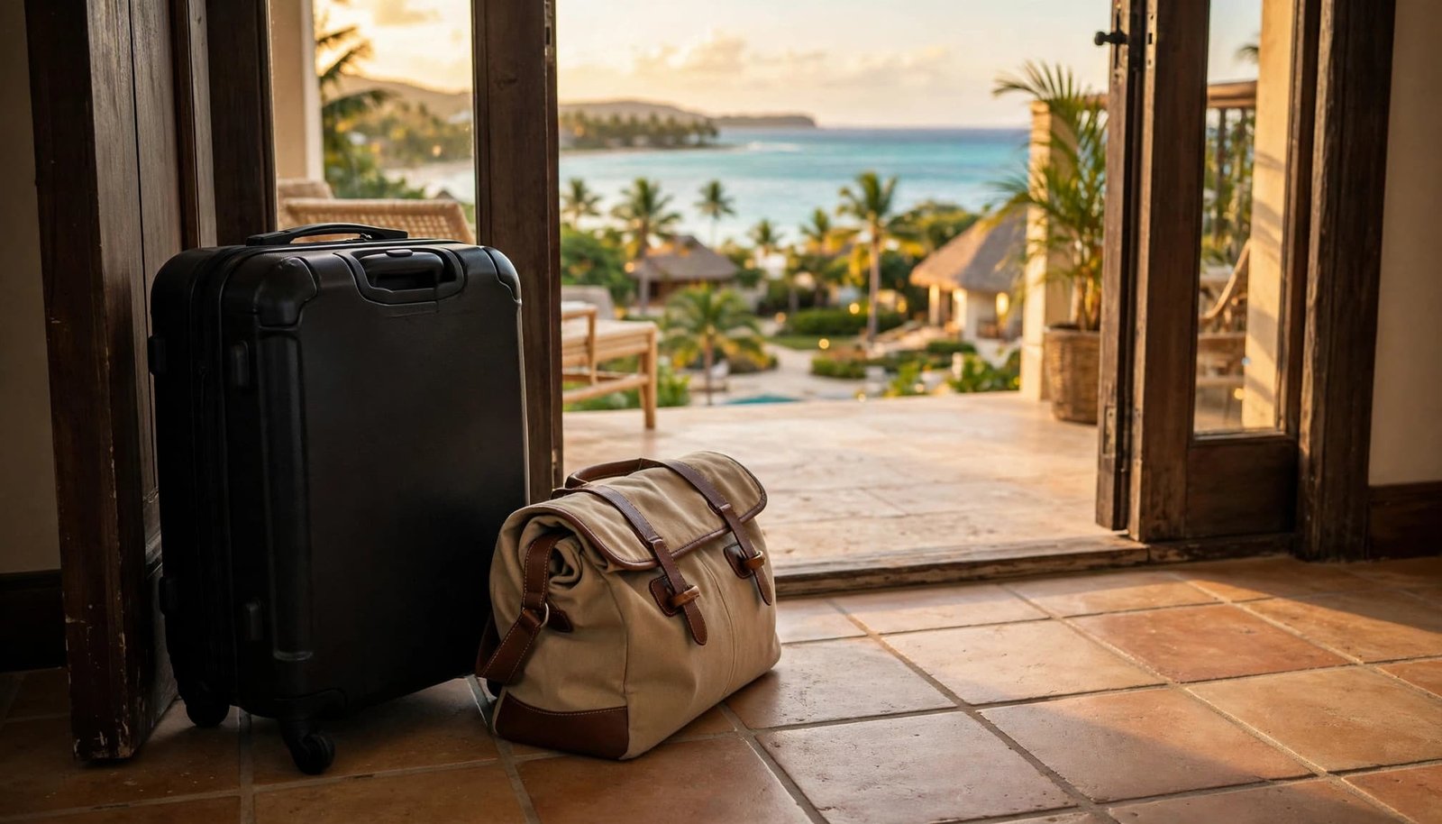 A black carry-on suitcase and a tan duffel bag sit on a tiled floor by an open doorway overlooking a tropical resort.